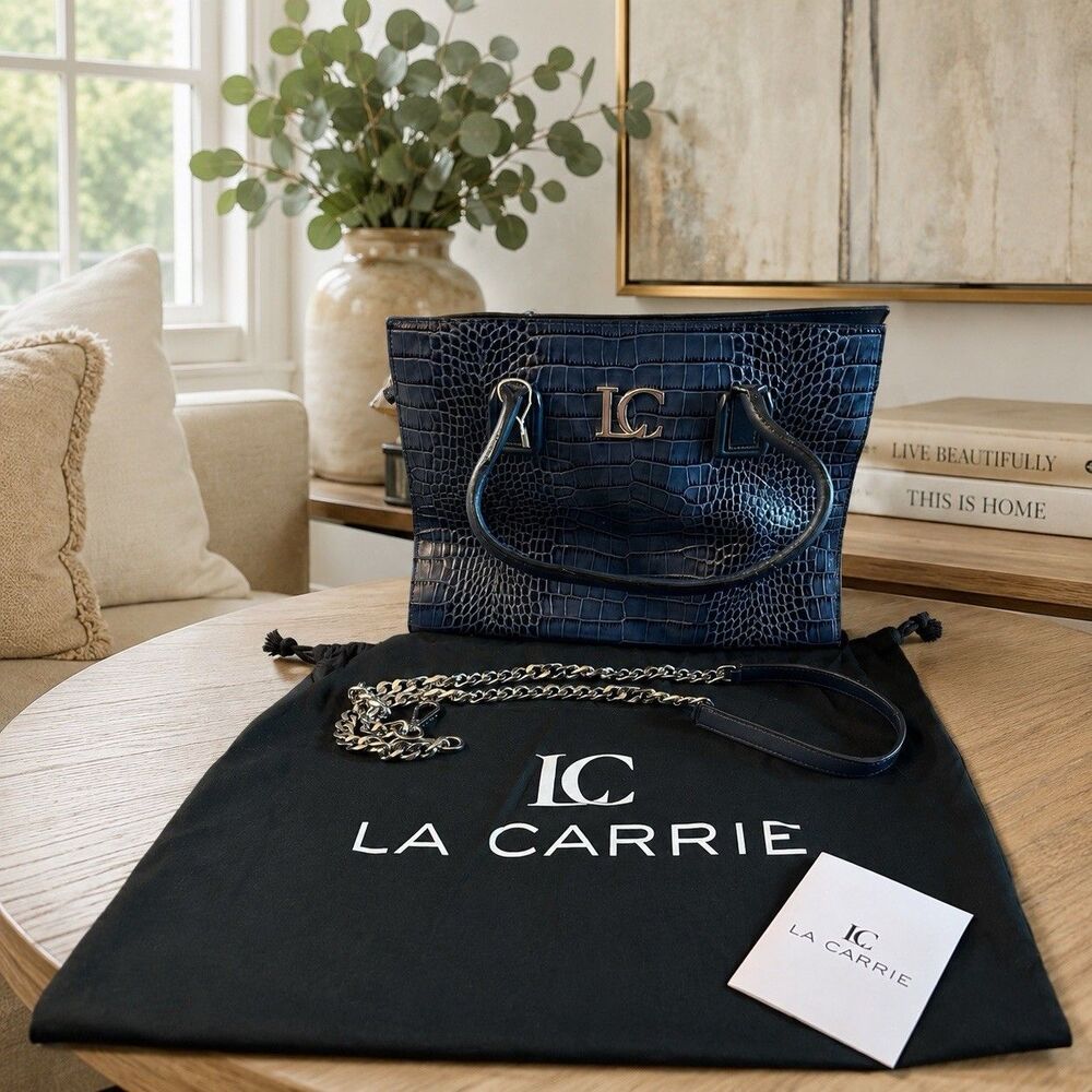 LA Carrie Cara Croc Navy Blue Doctor Dust Bag Extra Chain Strap NWT MSRP: $205